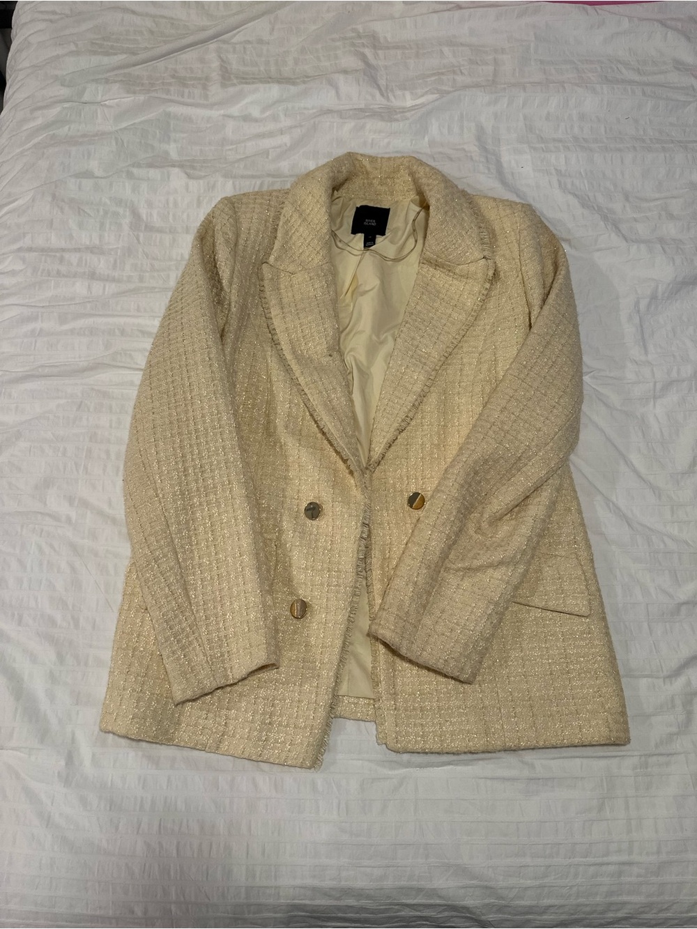 River Island Cream/Light Yellow Bouclé Double-Breasted Blazer with Gold Buttons